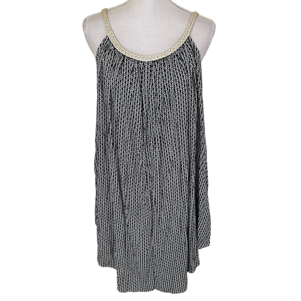 CoCo + Carmen Black/White Print Shift Dress with Gold Braid Neckline M/L